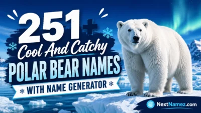251+ Cool And Catchy Polar Bear Names With Name Generator featured image showing a polar bear standing on Arctic ice with snowy mountains and NextNamez.com branding.