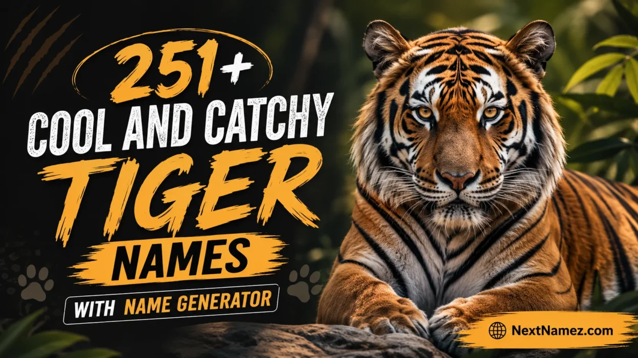 251+ Cool And Catchy Tiger Names With Name Generator featuring a majestic Bengal tiger in a jungle background and NextNamez.com branding.