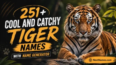 251+ Cool And Catchy Tiger Names With Name Generator featuring a majestic Bengal tiger in a jungle background and NextNamez.com branding.