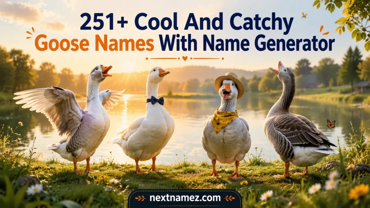 Cute and cinematic geese standing near a lakeside meadow with sunrise light, representing creative goose names blog with title overlay and website branding.