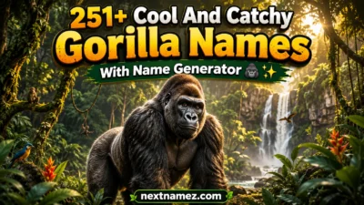 A powerful gorilla standing in a lush jungle with text overlay “251+ Cool And Catchy Gorilla Names With Name Generator” and website nextnamez.com