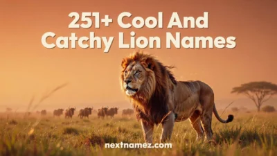 Majestic lion standing in a golden savannah representing 251+ cool and catchy lion names blog banner with cinematic wildlife background.