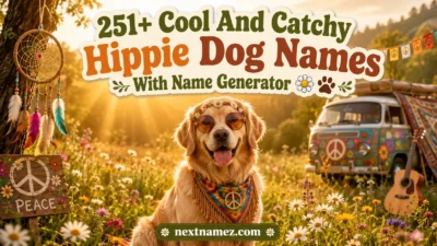 A free-spirited hippie dog sitting in a flower-filled meadow with boho and nature-inspired elements, representing hippie dog names with peaceful retro vibes.