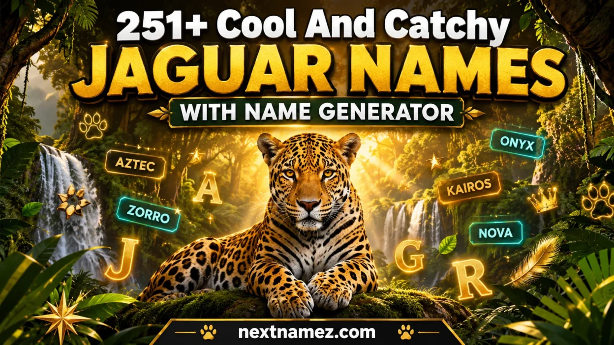 Majestic jaguar in a rainforest with 251+ Cool And Catchy Jaguar Names With Name Generator title banner.