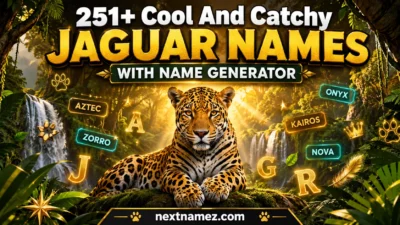 Majestic jaguar in a rainforest with 251+ Cool And Catchy Jaguar Names With Name Generator title banner.