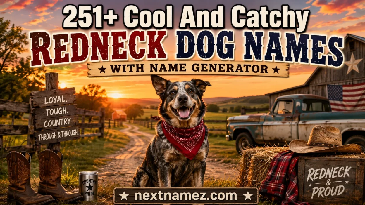 251+ Cool And Catchy Redneck Dog Names With Name Generator featuring a country-style dog on a rustic farm with southern countryside scenery.