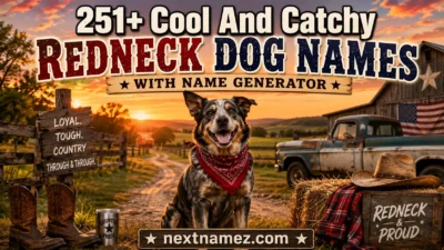 251+ Cool And Catchy Redneck Dog Names With Name Generator featuring a country-style dog on a rustic farm with southern countryside scenery.