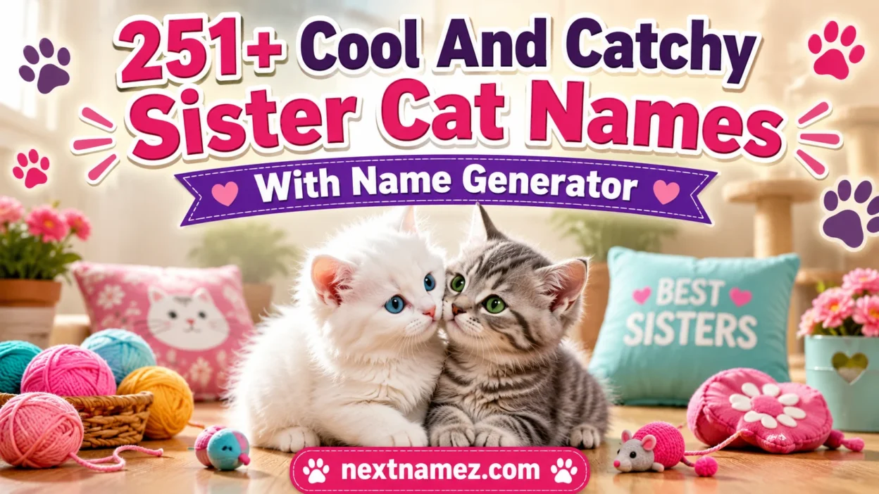 251+ Cool And Catchy Sister Cat Names With Name Generator featuring two adorable sister kittens sitting together with playful toys and a cozy home background.