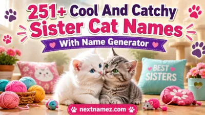 251+ Cool And Catchy Sister Cat Names With Name Generator featuring two adorable sister kittens sitting together with playful toys and a cozy home background.