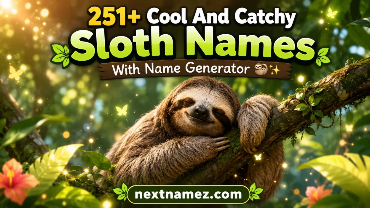 Cute sloth hanging in rainforest tree representing 251+ cool and catchy sloth names with name generator blog banner.