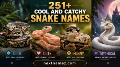 Cool and catchy snake names blog banner featuring stylish snakes with title and website branding.
