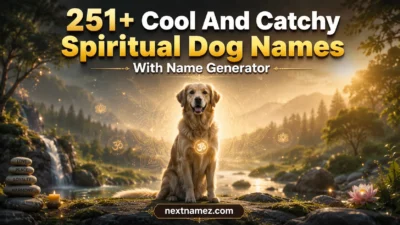 Spiritual dog sitting in a peaceful glowing forest representing 251+ cool and catchy spiritual dog names with divine energy and calm atmosphere.