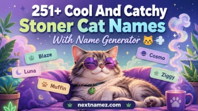 Cute relaxed cat surrounded by floating name tags showing creative stoner cat names in a dreamy pastel cosmic background with blog title “251+ Cool And Catchy Stoner Cat Names With Name Generator”.