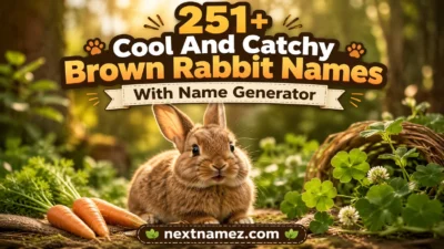 Cute brown rabbit sitting in a warm natural forest setting representing 251+ cool and catchy brown rabbit names with name generator concept.