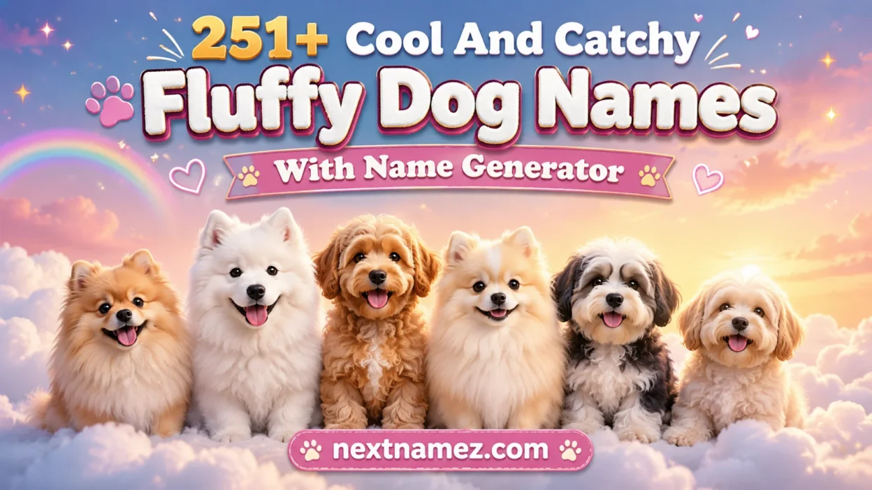 Fluffy dogs sitting on clouds with text “251+ Cool And Catchy Fluffy Dog Names With Name Generator” and website nextnamez.com in a dreamy SEO blog banner.