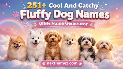 Fluffy dogs sitting on clouds with text “251+ Cool And Catchy Fluffy Dog Names With Name Generator” and website nextnamez.com in a dreamy SEO blog banner.
