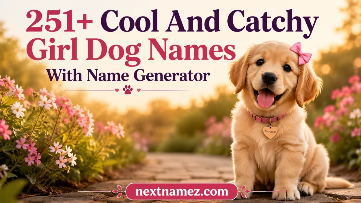 Cute female puppy sitting in a warm outdoor setting with text overlay “251+ Cool And Catchy Girl Dog Names With Name Generator” and website “nextnamez.com”