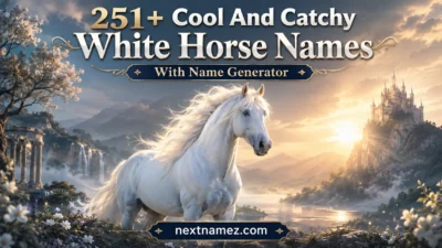 Majestic white horse in magical landscape representing white horse name ideas for a naming guide blog with elegant typography and fantasy style.