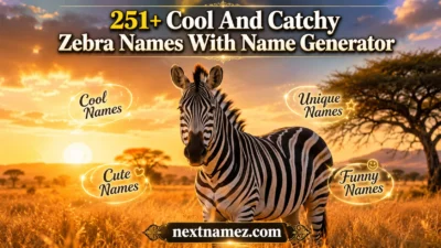 A creative SEO blog banner featuring a zebra in an African savannah with the title “251+ Cool And Catchy Zebra Names With Name Generator” and branding text nextnamez.com.