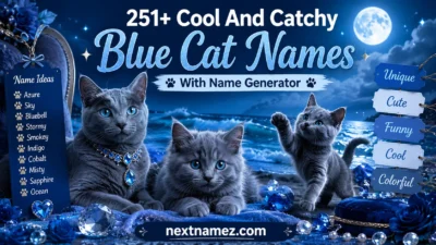 251+ Cool And Catchy Blue Cat Names With Name Generator featuring beautiful blue-gray cats and creative name ideas
