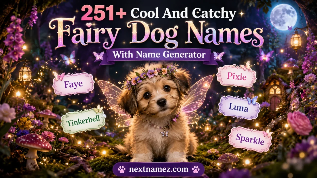 251+ Cool And Catchy Fairy Dog Names With Name Generator featuring an adorable dog in a magical fairy forest with fantasy-inspired elements