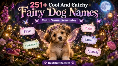251+ Cool And Catchy Fairy Dog Names With Name Generator featuring an adorable dog in a magical fairy forest with fantasy-inspired elements