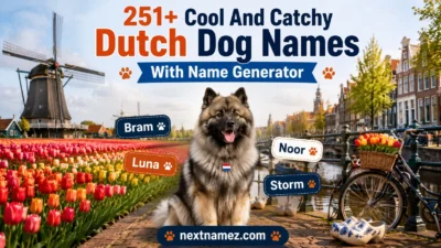 251+ Cool And Catchy Dutch Dog Names With Name Generator featuring a Dutch dog with Netherlands-inspired background elements like tulips and windmills.