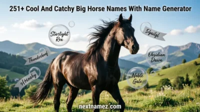 251+ Cool And Catchy Big Horse Names With Name Generator featuring a majestic horse with creative naming ideas