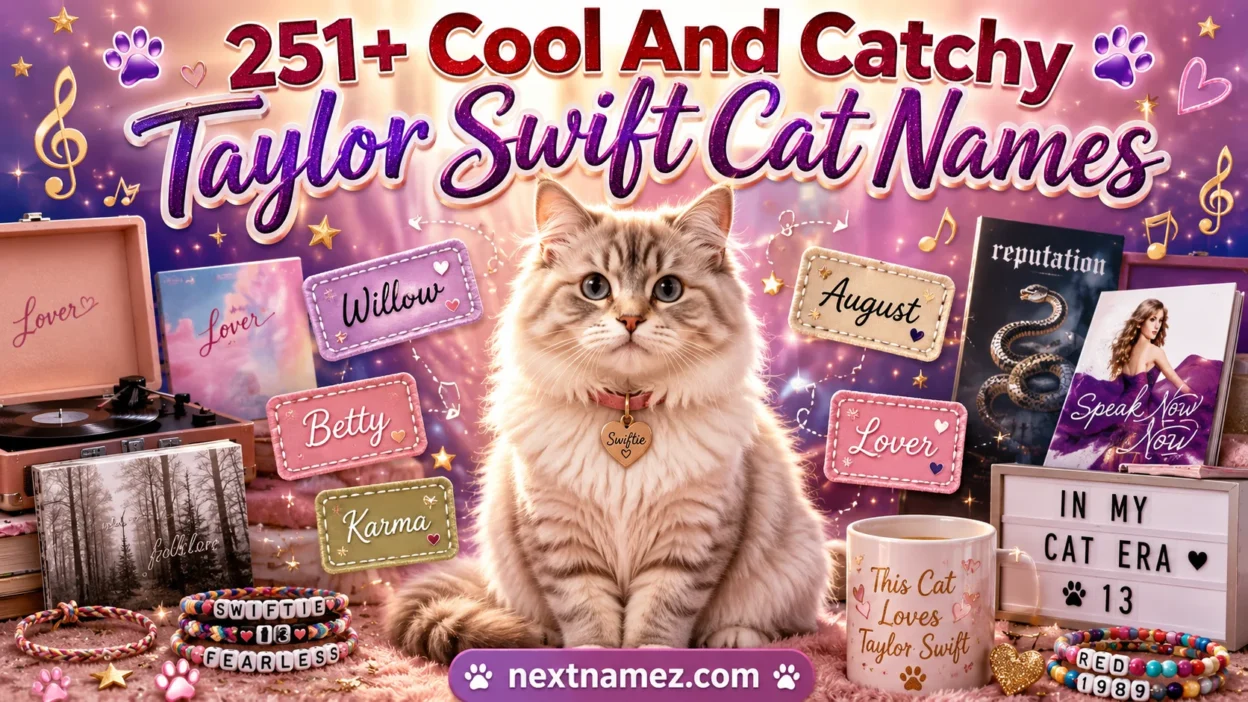 251+ Cool And Catchy Taylor Swift Cat Names featuring a cute fluffy cat with music-inspired decorations, friendship bracelets, stars, and Taylor-inspired naming themes.