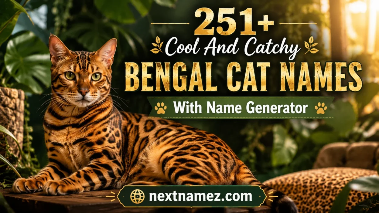 Majestic Bengal cat with leopard-like spots sitting in jungle-themed indoor setting with text “251+ Cool And Catchy Bengal Cat Names With Name Generator” and website “nextnamez.com”