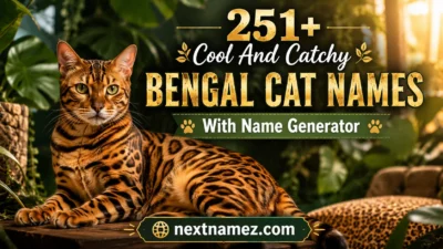 Majestic Bengal cat with leopard-like spots sitting in jungle-themed indoor setting with text “251+ Cool And Catchy Bengal Cat Names With Name Generator” and website “nextnamez.com”