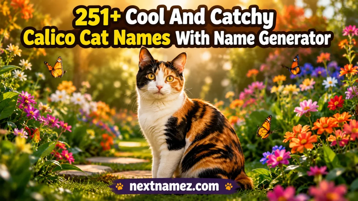Beautiful calico cat sitting in a colorful flower garden for 251+ Cool And Catchy Calico Cat Names With Name Generator.