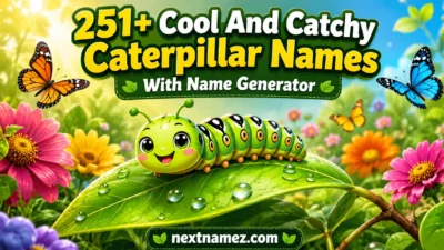 Cute green caterpillar on a leaf with colorful flowers and butterflies featuring 251+ Cool And Catchy Caterpillar Names With Name Generator.