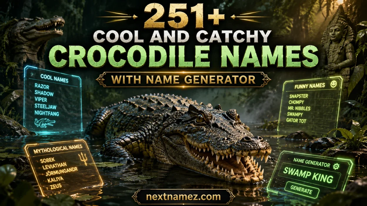 Powerful crocodile in a swamp surrounded by glowing name tags and digital name generator concept for crocodile naming ideas blog.