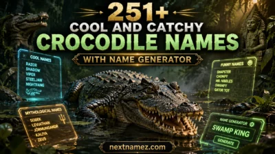 Powerful crocodile in a swamp surrounded by glowing name tags and digital name generator concept for crocodile naming ideas blog.
