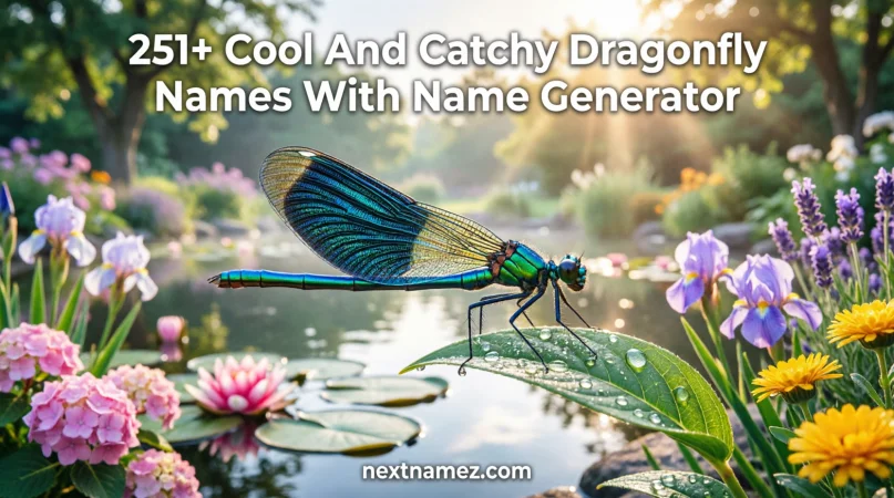 251+ Cool And Catchy Dragonfly Names With Name Generator featuring a colorful dragonfly with beautiful wings in a nature-inspired setting.