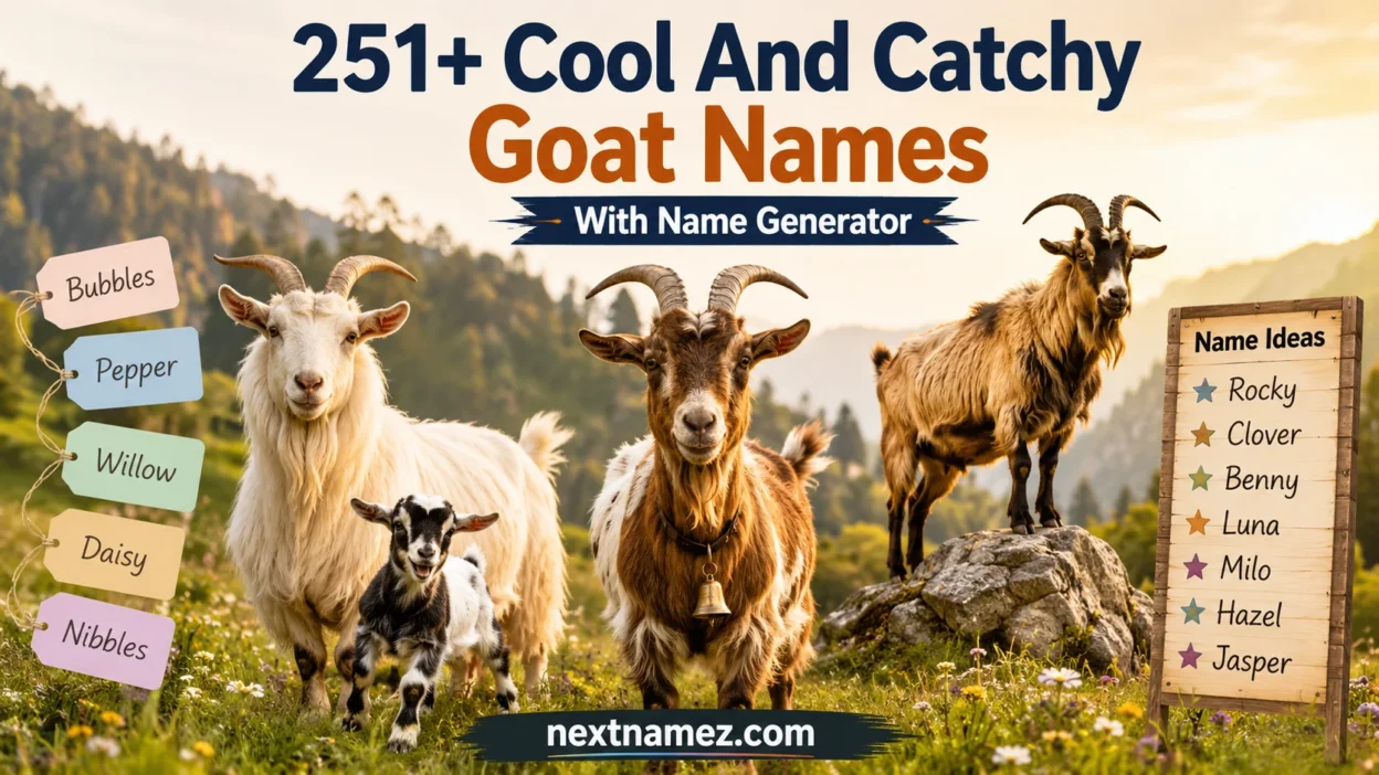 251+ Cool And Catchy Goat Names With Name Generator featuring cute goats and creative naming ideas