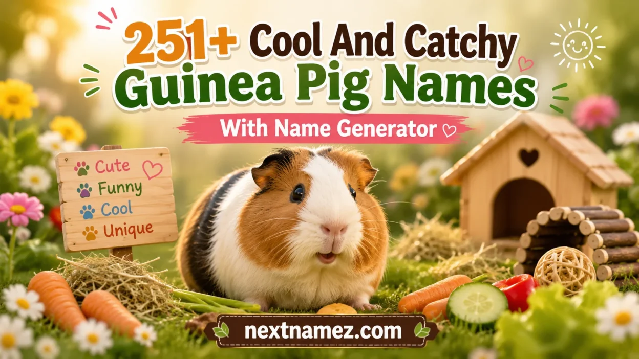 Cute fluffy guinea pig sitting on green grass with flowers and vegetables for a Guinea Pig Names blog banner.