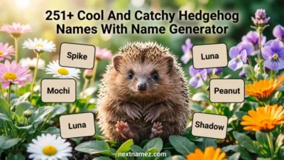 Cute hedgehog sitting in a garden with creative name ideas for the blog “251+ Cool And Catchy Hedgehog Names With Name Generator”