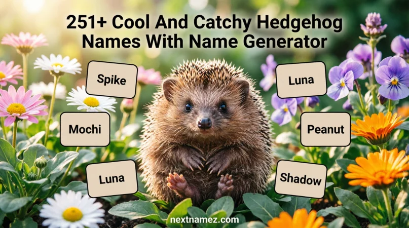 Cute hedgehog sitting in a garden with creative name ideas for the blog “251+ Cool And Catchy Hedgehog Names With Name Generator”