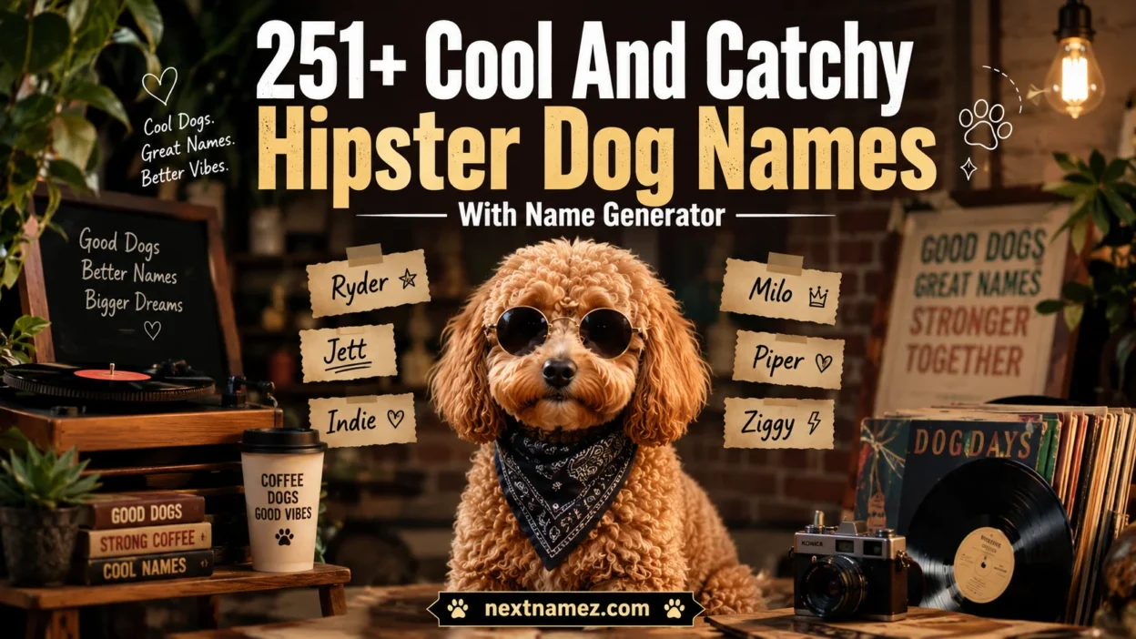 Stylish hipster dog with creative accessories featured for 251+ cool and catchy hipster dog names with name generator