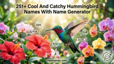 251+ Cool And Catchy Hummingbird Names With Name Generator featuring a colorful hummingbird with creative naming ideas