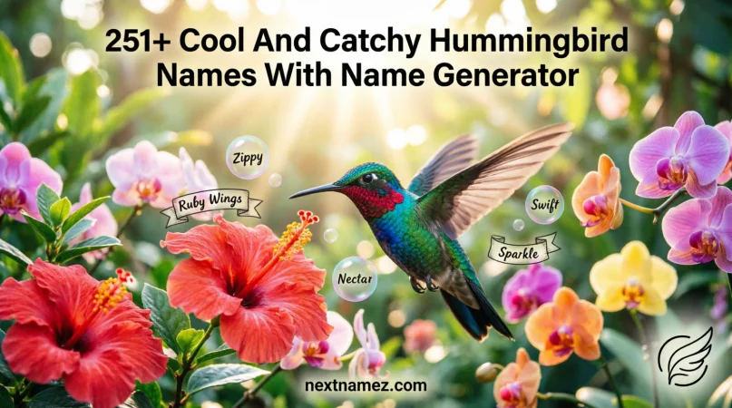 251+ Cool And Catchy Hummingbird Names With Name Generator featuring a colorful hummingbird with creative naming ideas