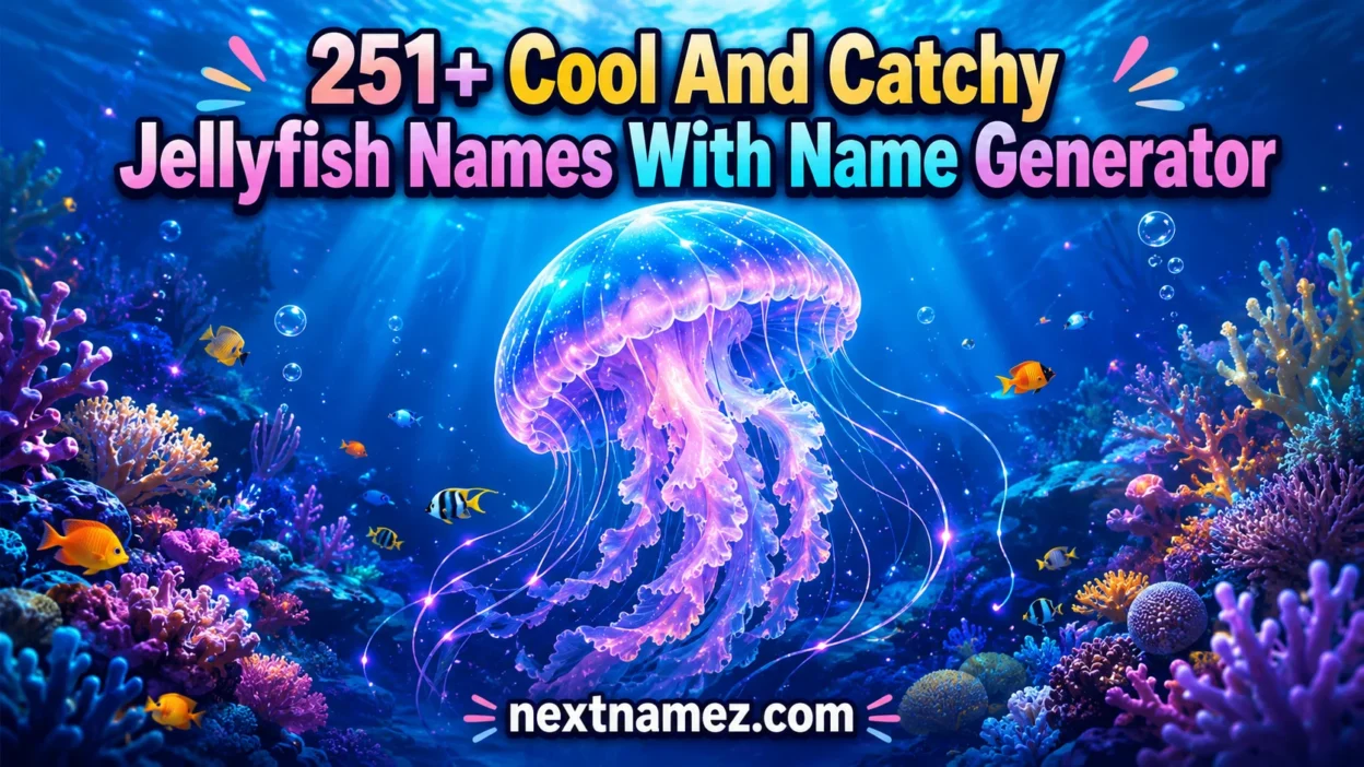 251+ Cool And Catchy Jellyfish Names With Name Generator featuring a glowing jellyfish floating in a colorful underwater ocean scene.
