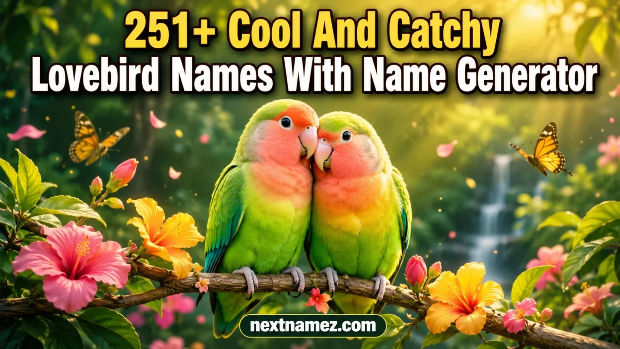Adorable pair of lovebirds sitting on a blooming branch in a lush garden with soft sunlight and colorful flowers, representing 251+ cool and catchy lovebird names with a name generator.