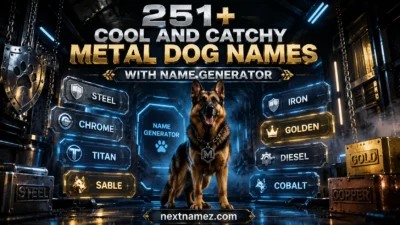 Strong dog surrounded by glowing metal-themed name tags and futuristic name generator concept for metal dog names blog.