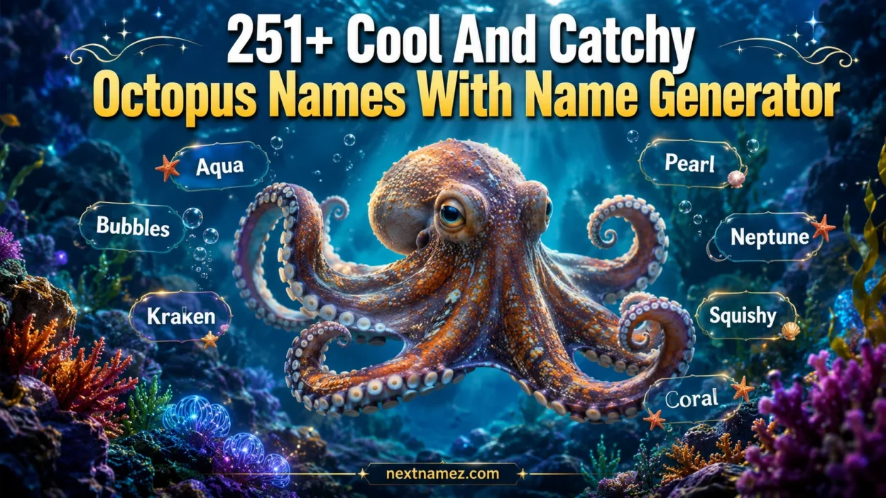 251+ Cool And Catchy Octopus Names With Name Generator featuring a cute octopus underwater with creative ocean-inspired name ideas