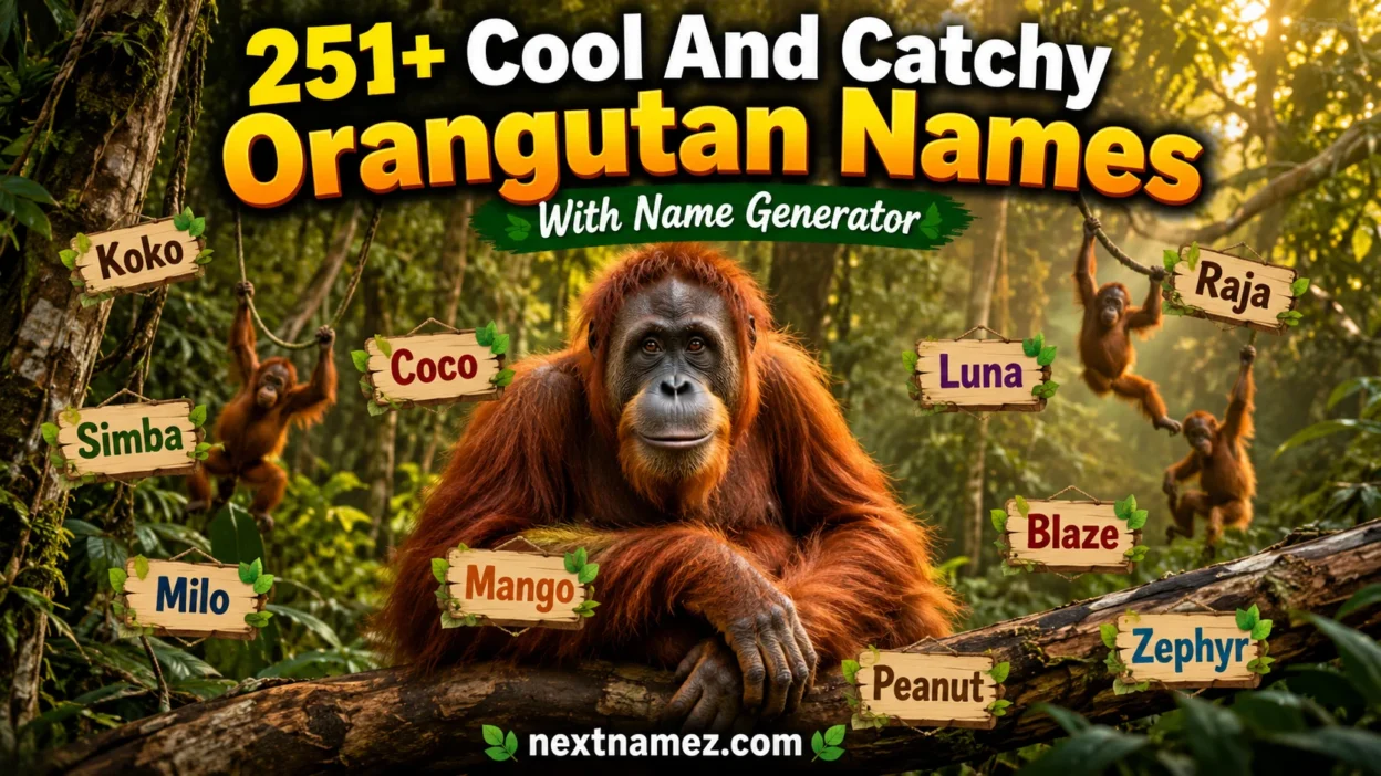 Cute orangutan in a tropical rainforest with creative orangutan names and the title 251+ Cool And Catchy Orangutan Names With Name Generator.