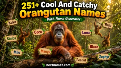 Cute orangutan in a tropical rainforest with creative orangutan names and the title 251+ Cool And Catchy Orangutan Names With Name Generator.