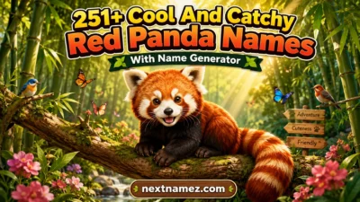 251+ Cool And Catchy Red Panda Names With Name Generator featuring a cute red panda sitting on a tree branch in a colorful bamboo forest.